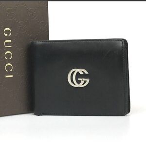 GUCCI Wallet Bi Fold Black Leather Silver GG Marmont  Authentic